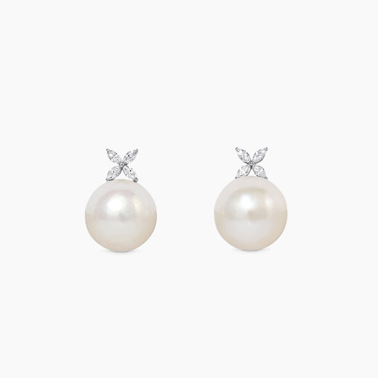 solid1822 Clover Flower Diamond South Sea Pearl Stud Earrings